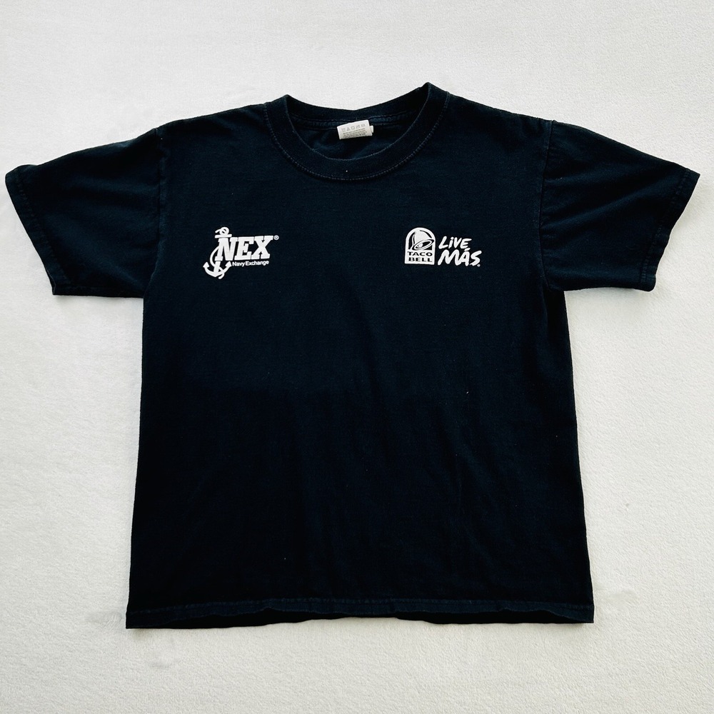 VINTAGE Taco Bell Shirt Youth Medium Black White Japan US Navy Casual Logo Boys